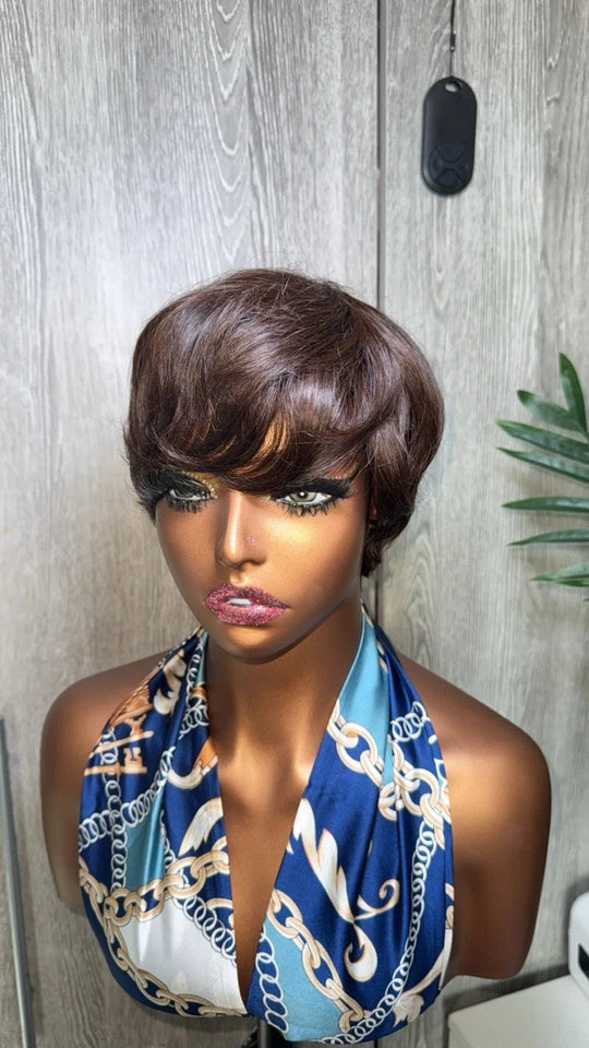 Women's Dark Brown Natural Human Hair Pixie Cut Wig Short Hair