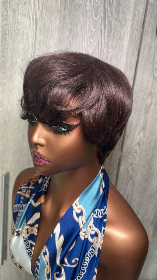 Women's Dark Brown Natural Human Hair Pixie Cut Wig Short Hair
