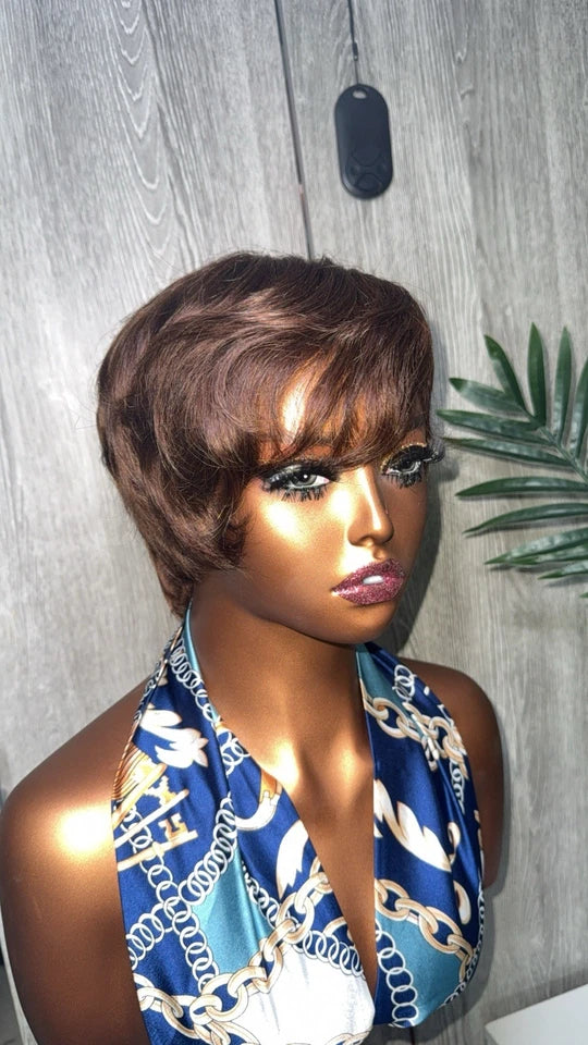 Human Hair Pixie Cut Wig Brown Color 4 No Lace Short Wig