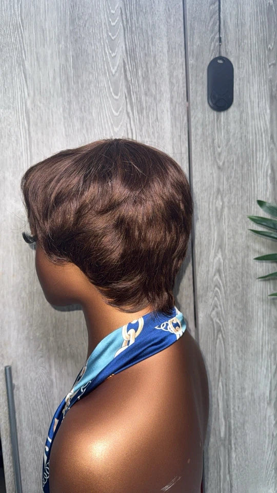Human Hair Pixie Cut Wig Brown Color 4 No Lace Short Wig